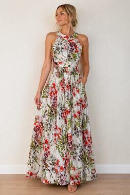 Abel The Label Floral Halter Maxi Dress Open Back Cutout Rayon Size S